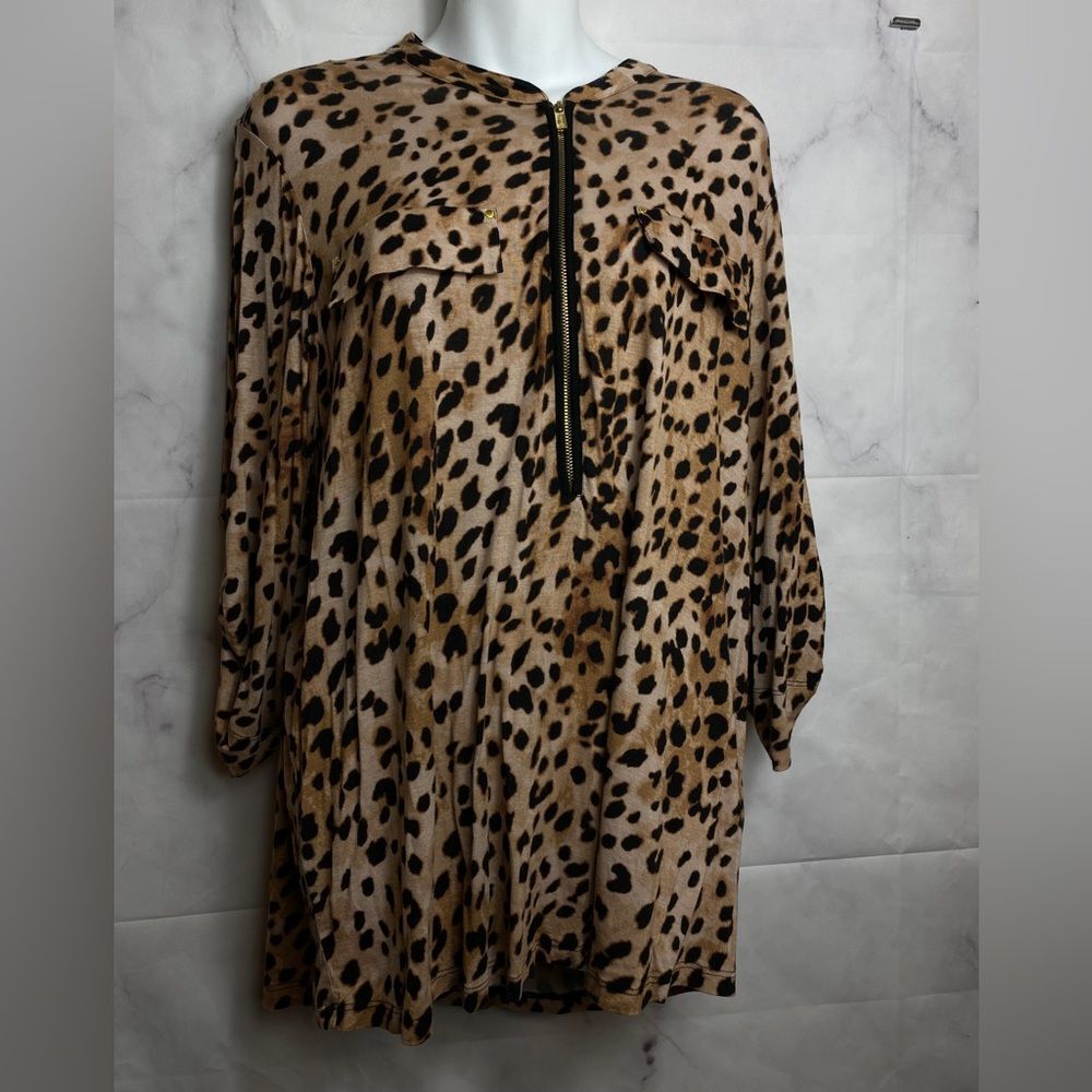 Calvin Klein 3/4 Sleeve Leopard Print Half Zip Up Top Blouse Brown 1X